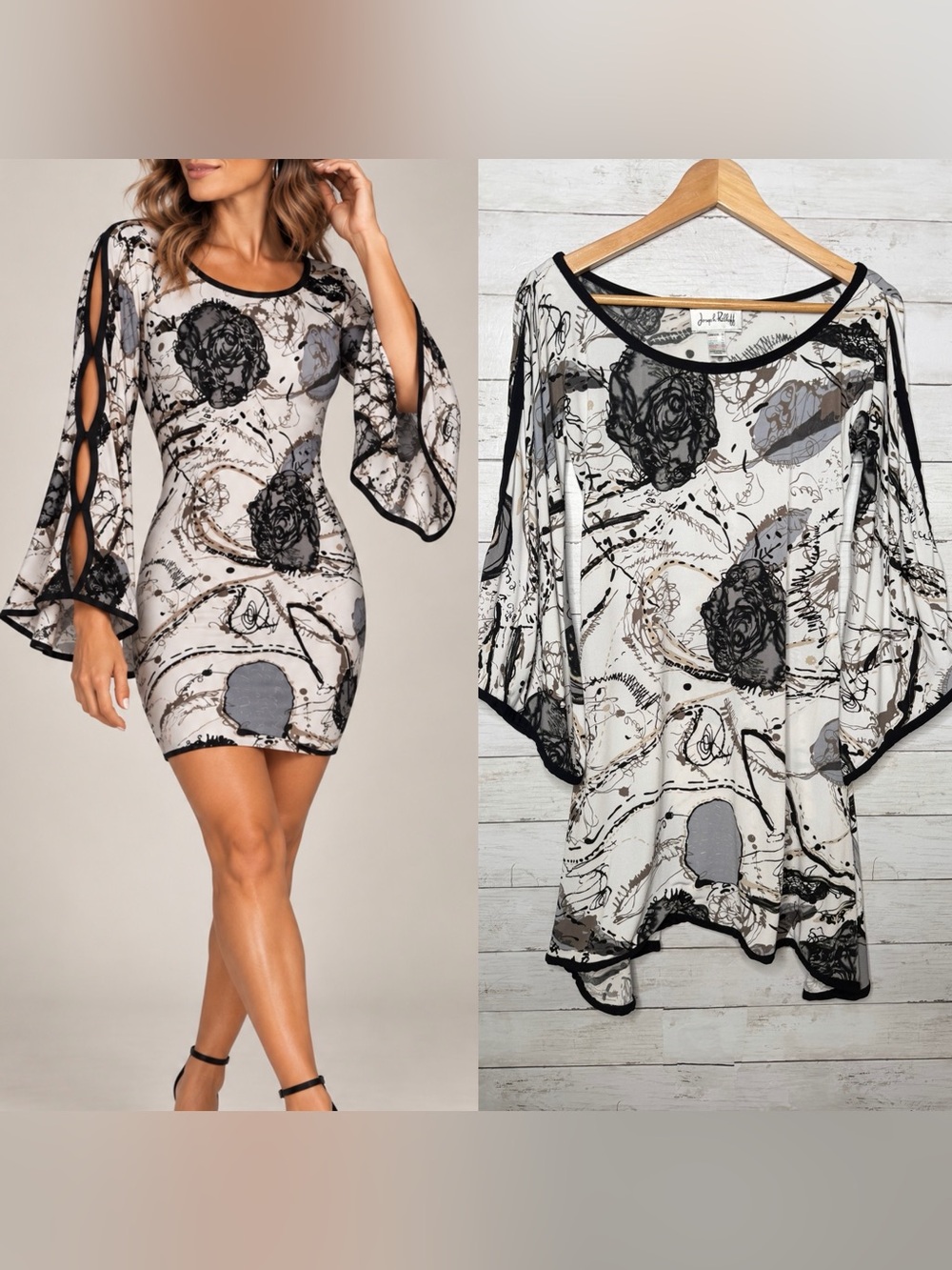 Joseph Ribkoff Abstract Floral Keyhole Bell Sleeve Mini Dress Size 12